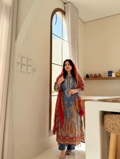 Blue Chinon Printed Straight Suit Set - BONYHUBSALWAR KAMEEZ