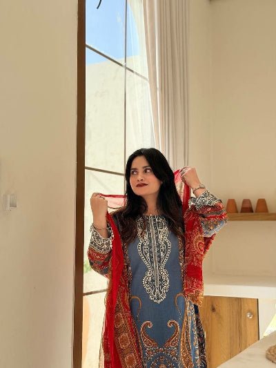 Blue Chinon Printed Straight Suit Set - BONYHUBSALWAR KAMEEZ