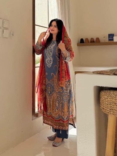 Blue Chinon Printed Straight Suit Set - BONYHUBSALWAR KAMEEZ