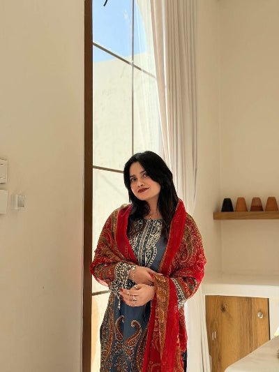 Blue Chinon Printed Straight Suit Set - BONYHUBSALWAR KAMEEZ