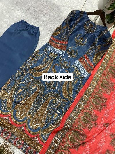 Blue Chinon Printed Straight Suit Set - BONYHUBSALWAR KAMEEZ