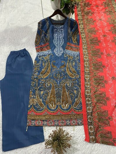 Blue Chinon Printed Straight Suit Set - BONYHUBSALWAR KAMEEZ