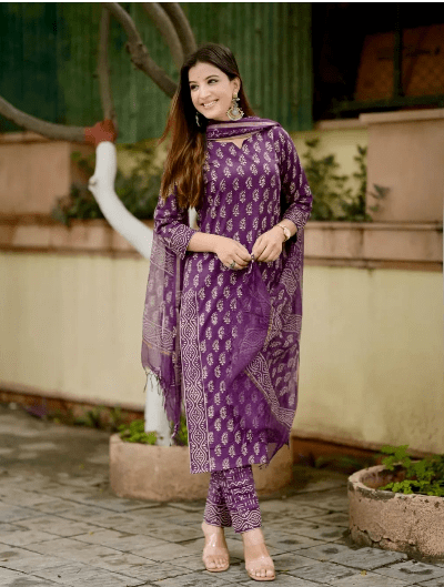 Blue Classy Print Cotton Straight Suit Set - BONYHUBSALWAR KAMEEZ