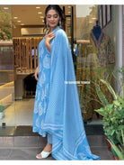 Blue Cotton Anarkali Kurti, Pant and Dupatta Set of 3 - BONYHUBSALWAR KAMEEZ