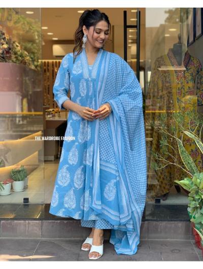 Blue Cotton Anarkali Kurti, Pant and Dupatta Set of 3 - BONYHUBSALWAR KAMEEZ