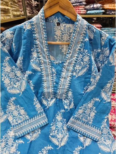 Blue Cotton Anarkali Kurti, Pant and Dupatta Set of 3 - BONYHUBSALWAR KAMEEZ
