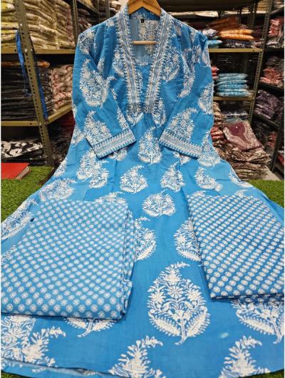 Blue Cotton Anarkali Kurti, Pant and Dupatta Set of 3 - BONYHUBSALWAR KAMEEZ