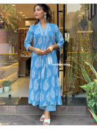 Blue Cotton Anarkali Kurti, Pant and Dupatta Set of 3 - BONYHUBSALWAR KAMEEZ