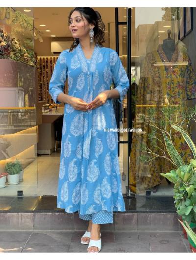 Blue Cotton Anarkali Kurti, Pant and Dupatta Set of 3 - BONYHUBSALWAR KAMEEZ