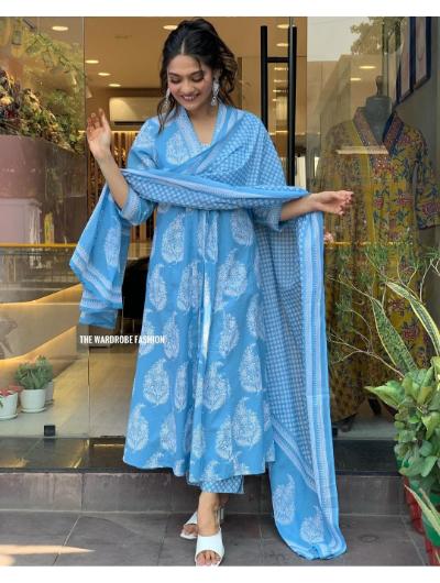 Blue Cotton Anarkali Kurti, Pant and Dupatta Set of 3 - BONYHUBSALWAR KAMEEZ