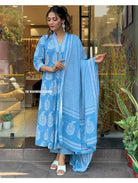 Blue Cotton Anarkali Kurti, Pant and Dupatta Set of 3 - BONYHUBSALWAR KAMEEZ