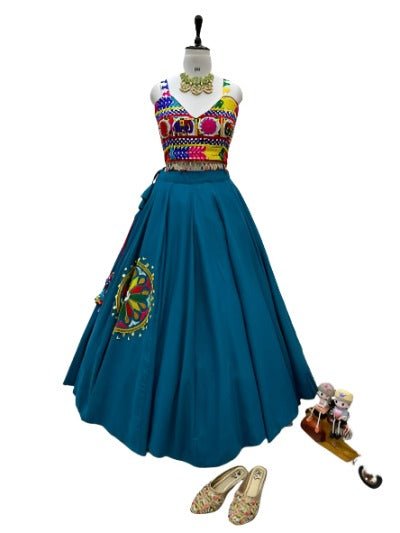 Blue Cotton Silk Navratri Choli Lehnaga Set UK Next Day - BONYHUBSALWAR KAMEEZ