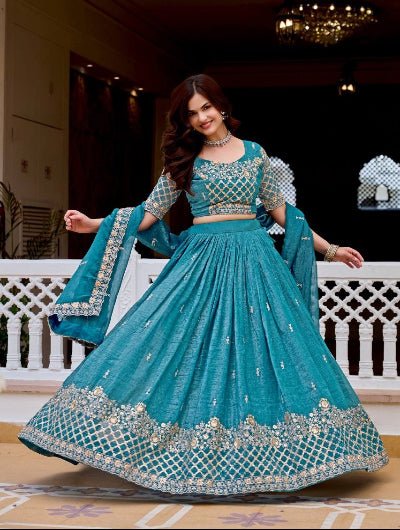 Blue Designer Embroidered Lehenga Choli Set with Dupatta - BONYHUBSALWAR KAMEEZ
