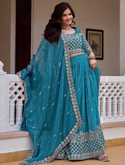 Blue Designer Embroidered Lehenga Choli Set with Dupatta - BONYHUBSALWAR KAMEEZ