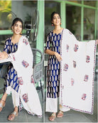Blue Foil Print Suit Set With Elephant Print Dupatta - BONYHUBSALWAR KAMEEZ