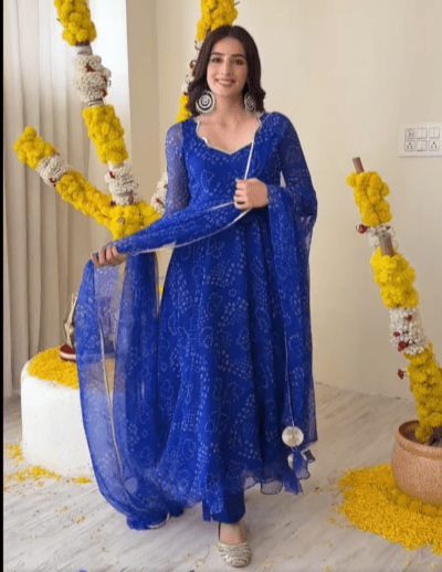 Blue Georgette Bandhani Print Anarkali Suit Set UK Next Day - BONYHUBSALWAR KAMEEZ