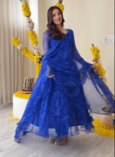Blue Georgette Bandhani Print Anarkali Suit Set UK Next Day - BONYHUBSALWAR KAMEEZ