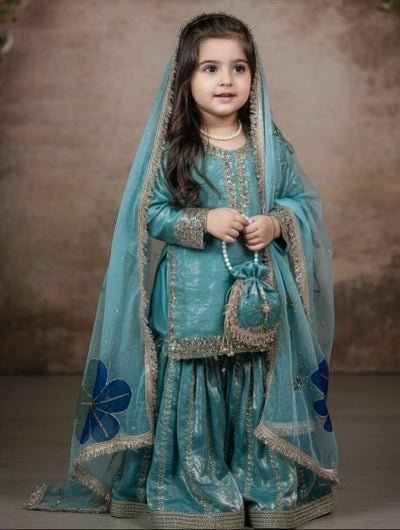 Blue Girls Silk Sharara Set UK | Kids Ethnic Wear - BONYHUBLehangas