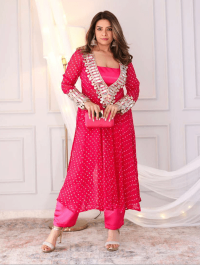 Blue Mirror Bandhani Chinon Silk Kurti Pant Set - BONYHUBSALWAR KAMEEZ