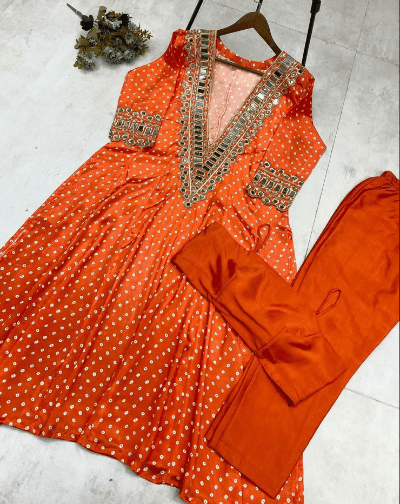 Blue Mirror Bandhani Chinon Silk Kurti Pant Set - BONYHUBSALWAR KAMEEZ