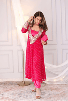 Blue Mirror Bandhani Chinon Silk Kurti Pant Set - BONYHUBSALWAR KAMEEZ