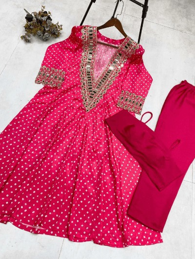 Blue Mirror Bandhani Chinon Silk Kurti Pant Set - BONYHUBSALWAR KAMEEZ