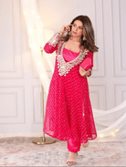 Blue Mirror Bandhani Chinon Silk Kurti Pant Set - BONYHUBSALWAR KAMEEZ