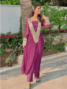 Blue Mirror Bandhani Chinon Silk Kurti Pant Set - BONYHUBSALWAR KAMEEZ