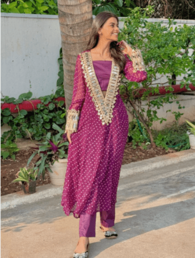 Blue Mirror Bandhani Chinon Silk Kurti Pant Set - BONYHUBSALWAR KAMEEZ