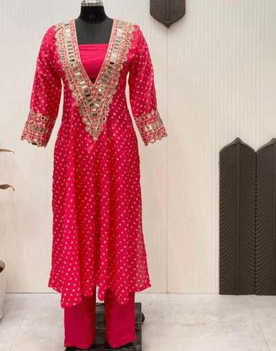 Blue Mirror Bandhani Chinon Silk Kurti Pant Set - BONYHUBSALWAR KAMEEZ