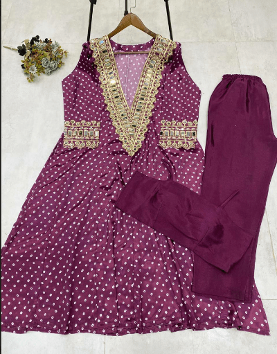 Blue Mirror Bandhani Chinon Silk Kurti Pant Set - BONYHUBSALWAR KAMEEZ