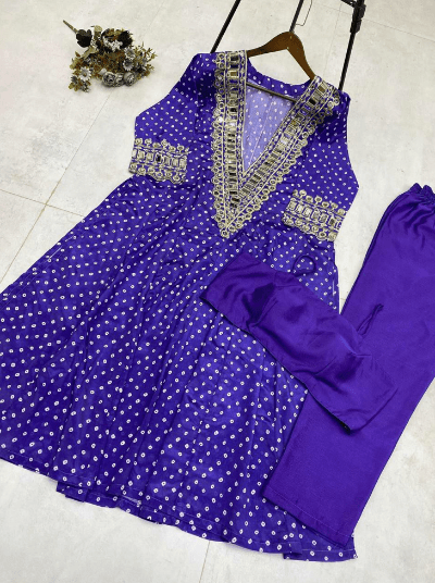 Blue Mirror Bandhani Chinon Silk Kurti Pant Set UK Next Day - BONYHUBSALWAR KAMEEZ