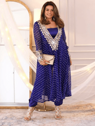 Blue Mirror Bandhani Chinon Silk Kurti Pant Set UK Next Day - BONYHUBSALWAR KAMEEZ