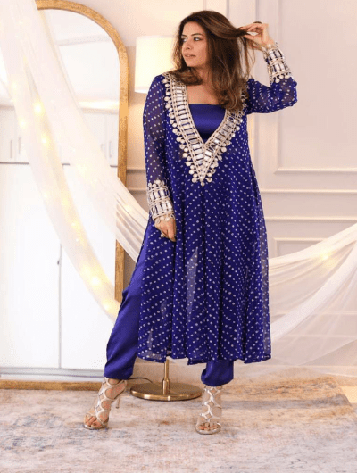 Blue Mirror Bandhani Chinon Silk Kurti Pant Set UK Next Day - BONYHUBSALWAR KAMEEZ