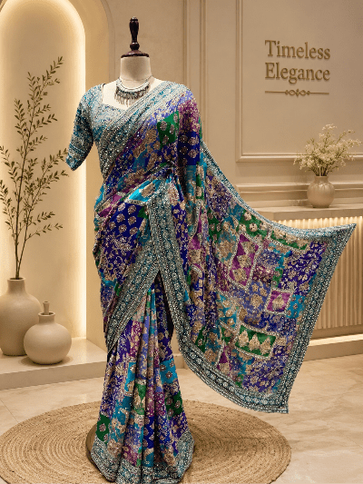 Blue Multicolour Chinon Ready to Wear Saree with Stitched Embroidered Blouse - BONYHUBSAREE