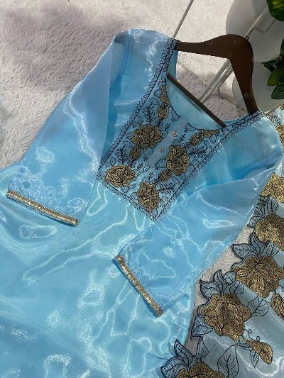 Blue Organza Embroidery Cut Work Floral Suit Set - BONYHUBSALWAR KAMEEZ