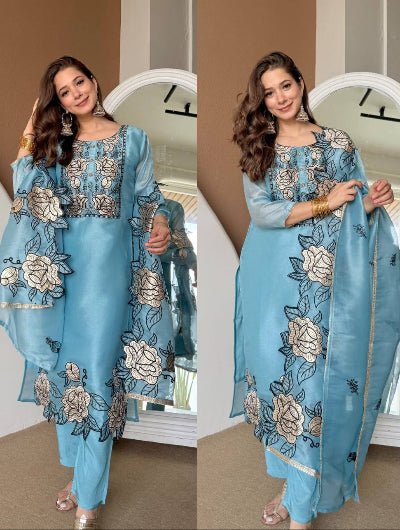 Blue Organza Embroidery Cut Work Floral Suit Set - BONYHUBSALWAR KAMEEZ
