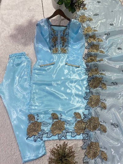 Blue Organza Embroidery Cut Work Floral Suit Set - BONYHUBSALWAR KAMEEZ