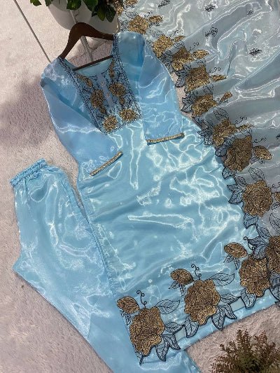 Blue Organza Embroidery Cut Work Floral Suit Set - BONYHUBSALWAR KAMEEZ