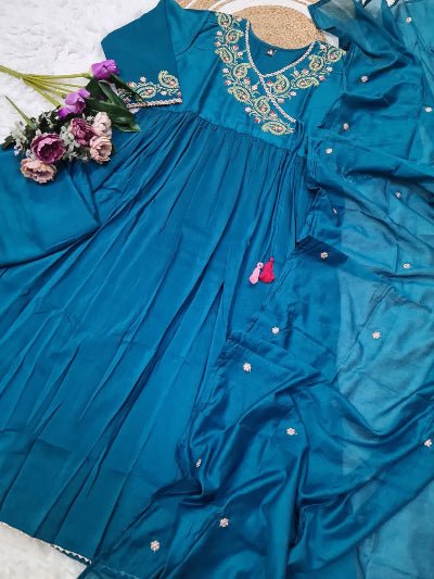 Blue Parampara Silk Embroidered Anarkali Suit Set - BONYHUBSALWAR KAMEEZ