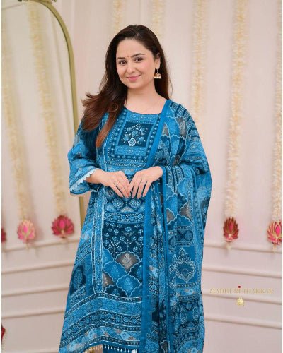 Blue Plus Size Chinon Printed Dhoti Suit Set - BONYHUBSALWAR KAMEEZ