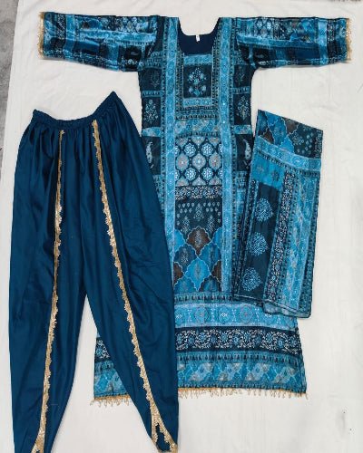 Blue Plus Size Chinon Printed Dhoti Suit Set - BONYHUBSALWAR KAMEEZ