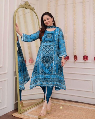 Blue Plus Size Chinon Printed Dhoti Suit Set - BONYHUBSALWAR KAMEEZ