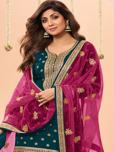 Blue Plus Size Jacquard Embroidered Punjabi Suit Set - BONYHUBSALWAR KAMEEZ