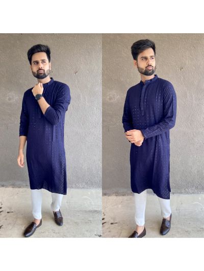 Blue Rayon Chikankari Men Kurta with Payjama UK Next Day - BONYHUBSALWAR KAMEEZ