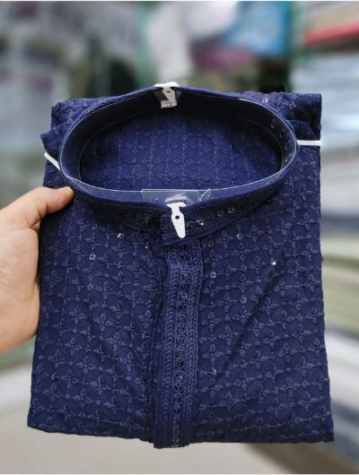 Blue Rayon Chikankari Men Kurta with Payjama UK Next Day - BONYHUBSALWAR KAMEEZ