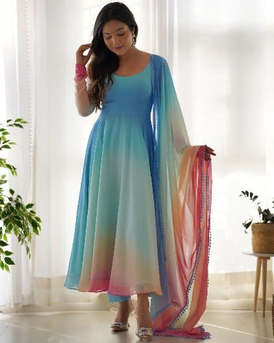 Blue Tone Multicolour Soft Georgette Anarkali Flared Salwar Suit Set - BONYHUBSALWAR KAMEEZ