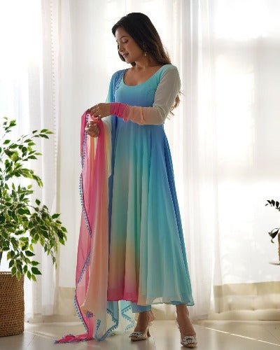 Blue Tone Multicolour Soft Georgette Anarkali Flared Salwar Suit Set - BONYHUBSALWAR KAMEEZ