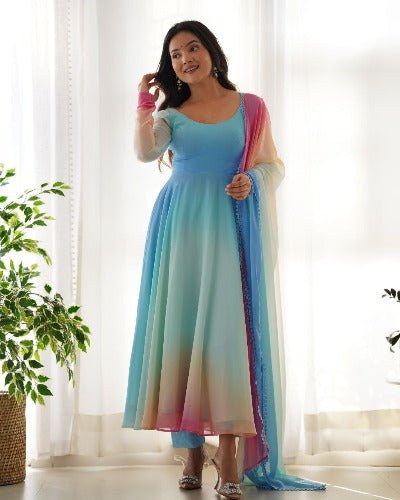 Blue Tone Multicolour Soft Georgette Anarkali Flared Salwar Suit Set - BONYHUBSALWAR KAMEEZ