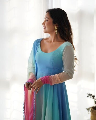 Blue Tone Multicolour Soft Georgette Anarkali Flared Salwar Suit Set - BONYHUBSALWAR KAMEEZ